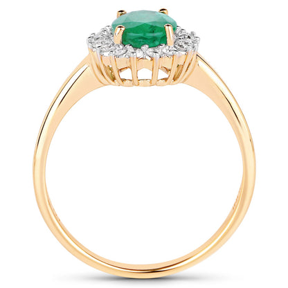 Anillo de oro amarillo de 10 quilates con esmeralda zambiana auténtica de 1,39 quilates y diamantes blancos
