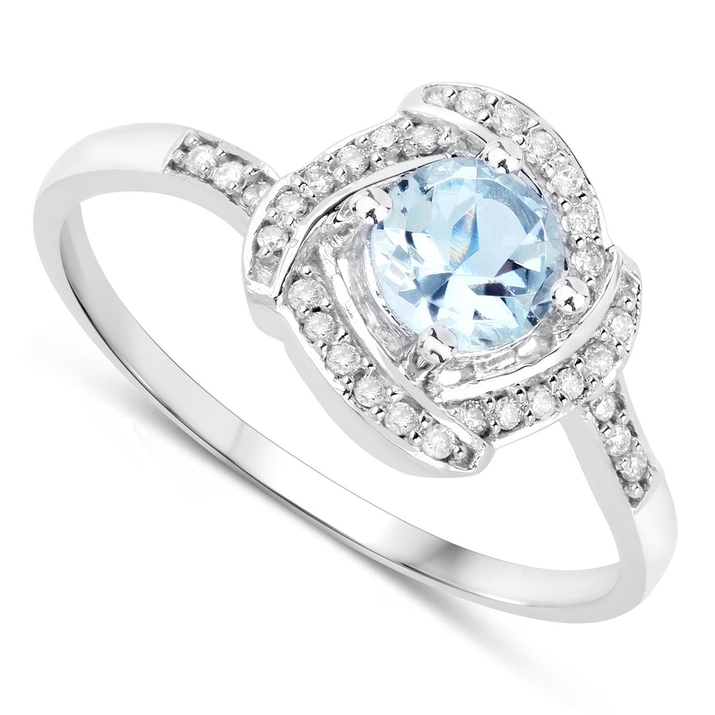 Anillo de oro blanco de 14K con aguamarina auténtica de 0,46 quilates y diamantes blancos