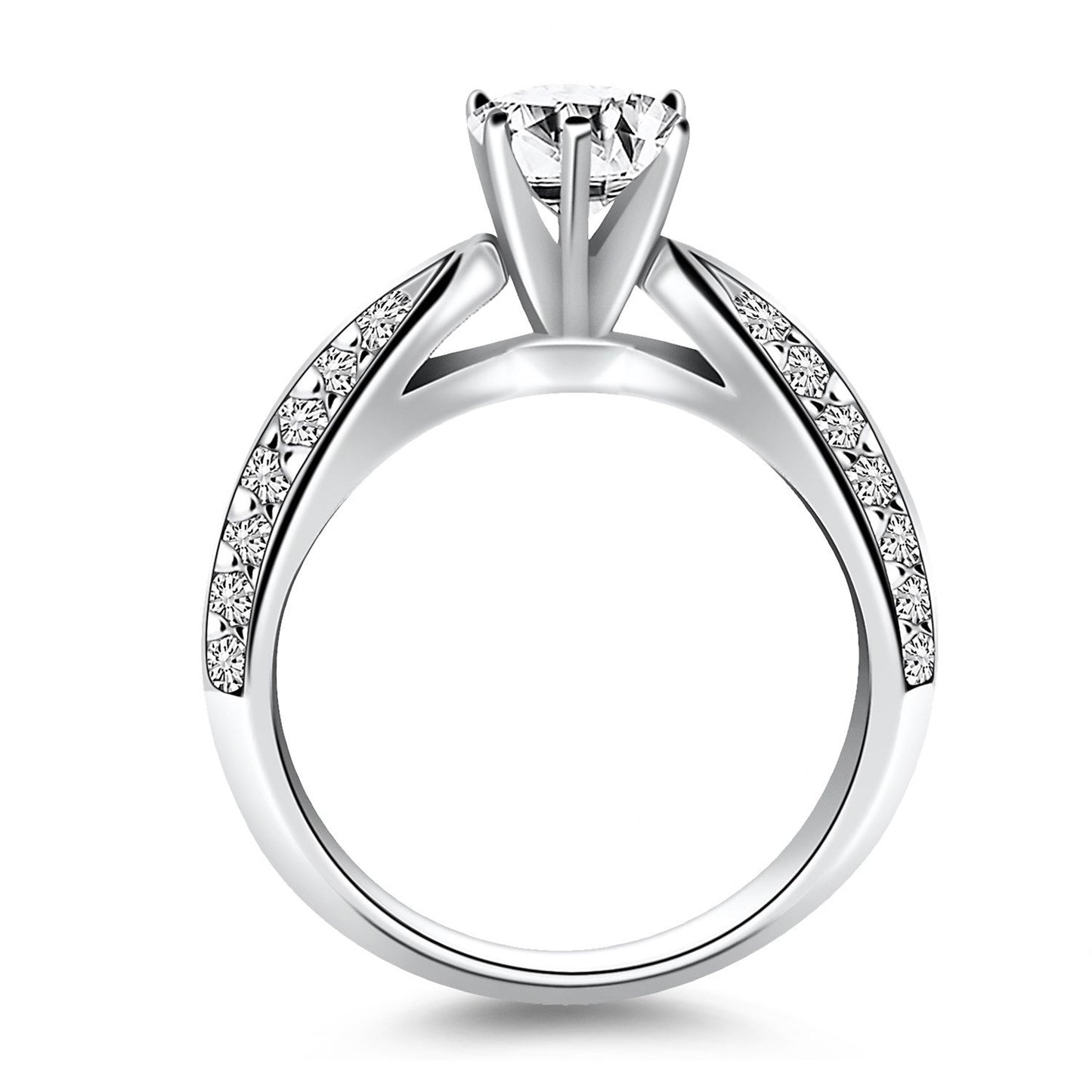 Anillo de compromiso de oro blanco de 14 quilates con diamantes pavé de doble fila tipo catedral