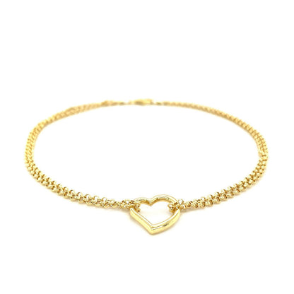 Tobillera de cadena rolo doble de oro amarillo de 14k con estación de corazón abierto