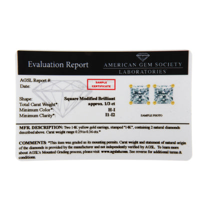 Pendientes de tuerca certificados de oro amarillo de 14 quilates con diamantes de talla princesa con claridad mejorada (0,50 ct en total, color H-I, claridad I1-I2)