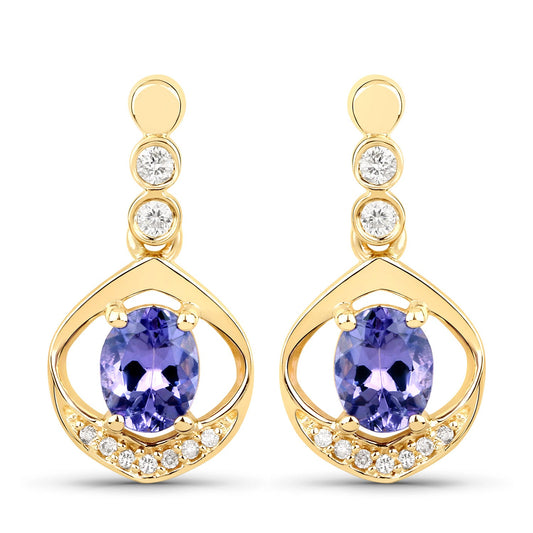 Pendientes de oro amarillo de 14 quilates con tanzanita genuina de 0,76 quilates y diamantes blancos