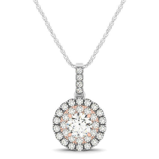 Colgante de diamantes halo de forma redonda en oro blanco y rosa de 14k (1/2 cttw)