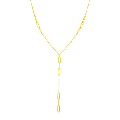 Collar lariat de oro amarillo de 14K con estaciones de cadena estilo "Paperclip"