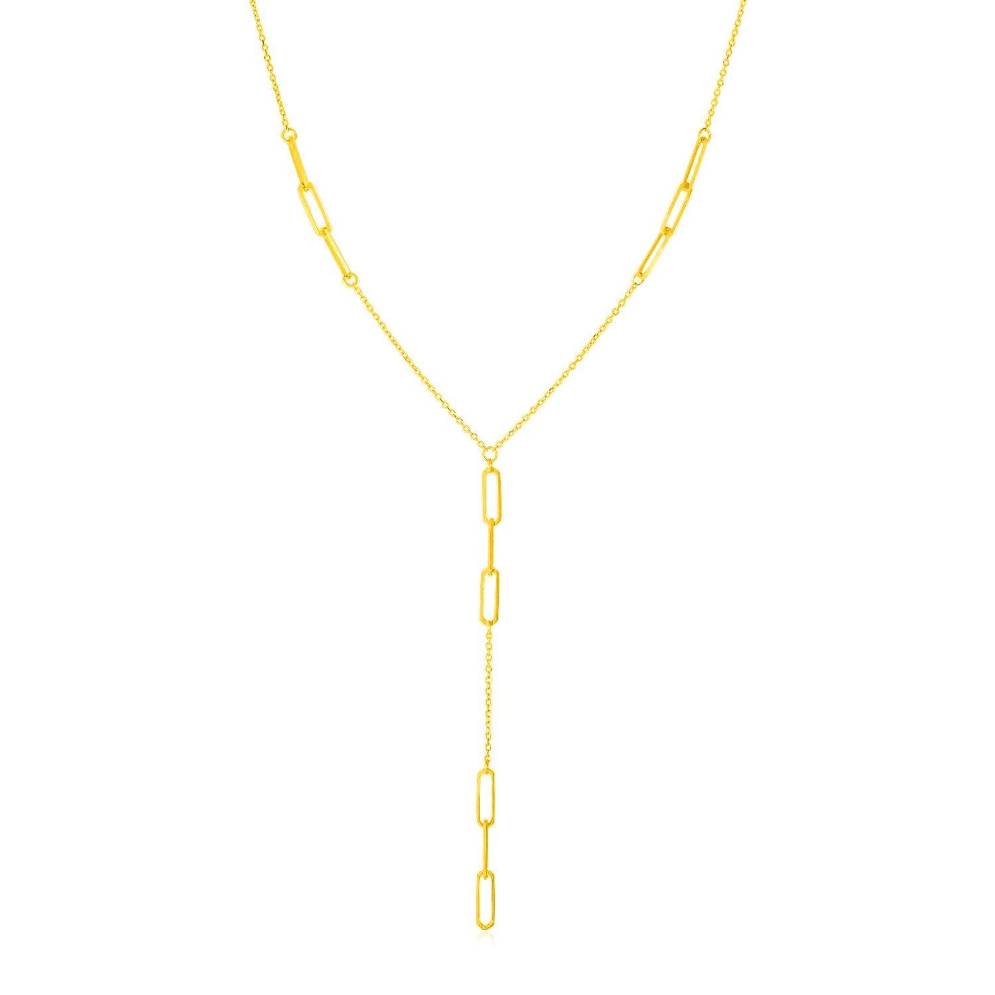Collar lariat de oro amarillo de 14K con estaciones de cadena estilo "Paperclip"