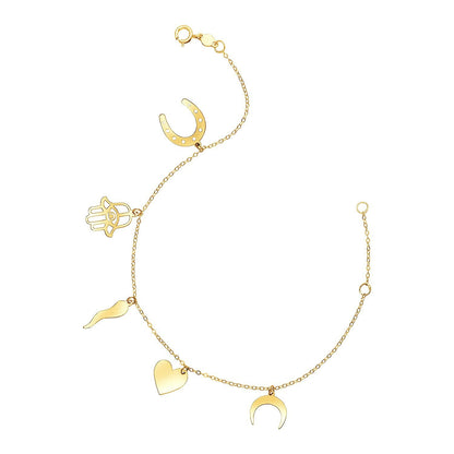 Pulsera de oro amarillo de 14k y 7 pulgadas con dijes pulidos