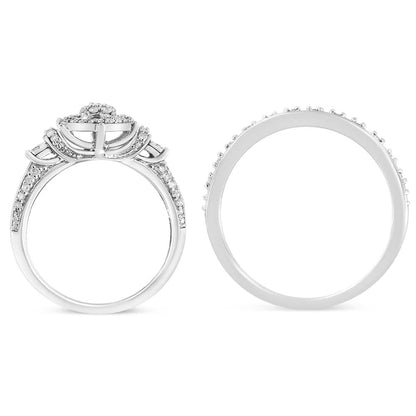 Anillo de compromiso y conjunto de alianzas de boda de plata de ley .925 con diamante de 1/3 Cttw de 7 piedras en racimo y halo (color I-J, claridad I1-I2) - Talla 7