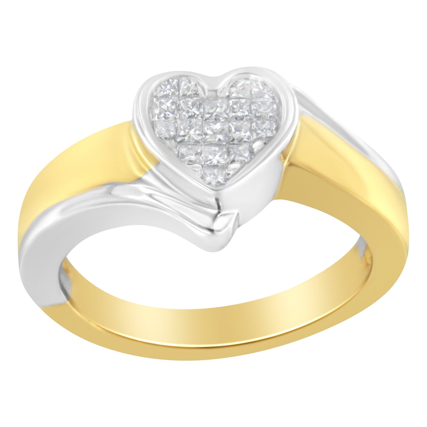 Anillo de promesa de corazón de oro de dos tonos de 14K con diamante de talla princesa (1/4 quilates en total, color H-I, claridad I1-I2) - Talla 6
