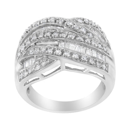 Anillo de plata de ley .925 de 1.0 Cttw con canal, diamantes redondos y baguette alternados, diseño cruzado (color I-J, claridad I2-I3) - Talla 7