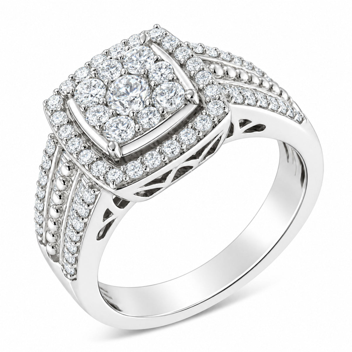 10K White Gold Diamond Cluster Ring (1 Cttw, H-I Color, I1-I2 Clarity) - Size 6-3/4