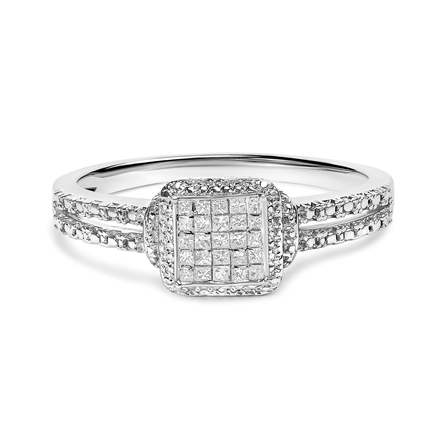 Anillo de plata de ley .925 con diamante de talla princesa de 1/4 Cttw y halo de cuentas (color H-I, claridad SI1-SI2) - Talla 7