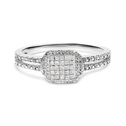 Anillo de plata de ley .925 con diamante de talla princesa de 1/4 Cttw y halo de cuentas (color H-I, claridad SI1-SI2) - Talla 7