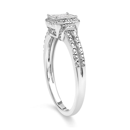 Anillo de plata de ley .925 con diamante de talla princesa de 1/4 Cttw y halo de cuentas (color H-I, claridad SI1-SI2) - Talla 7