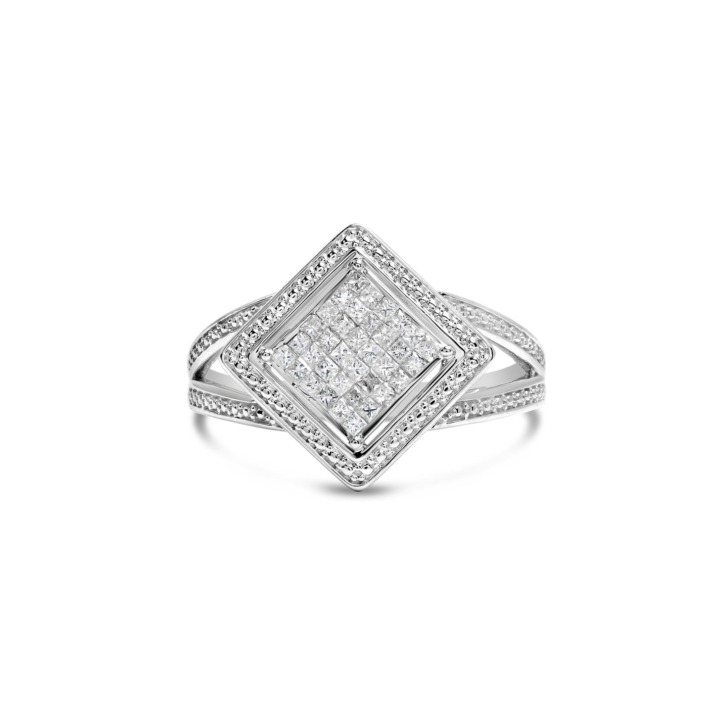 Anillo de plata de ley .925 con 1/3 Cttw de diamante de talla princesa en engaste invisible con rombo y halo de cuentas (color H-I, claridad SI1-SI2) - Talla de anillo 7