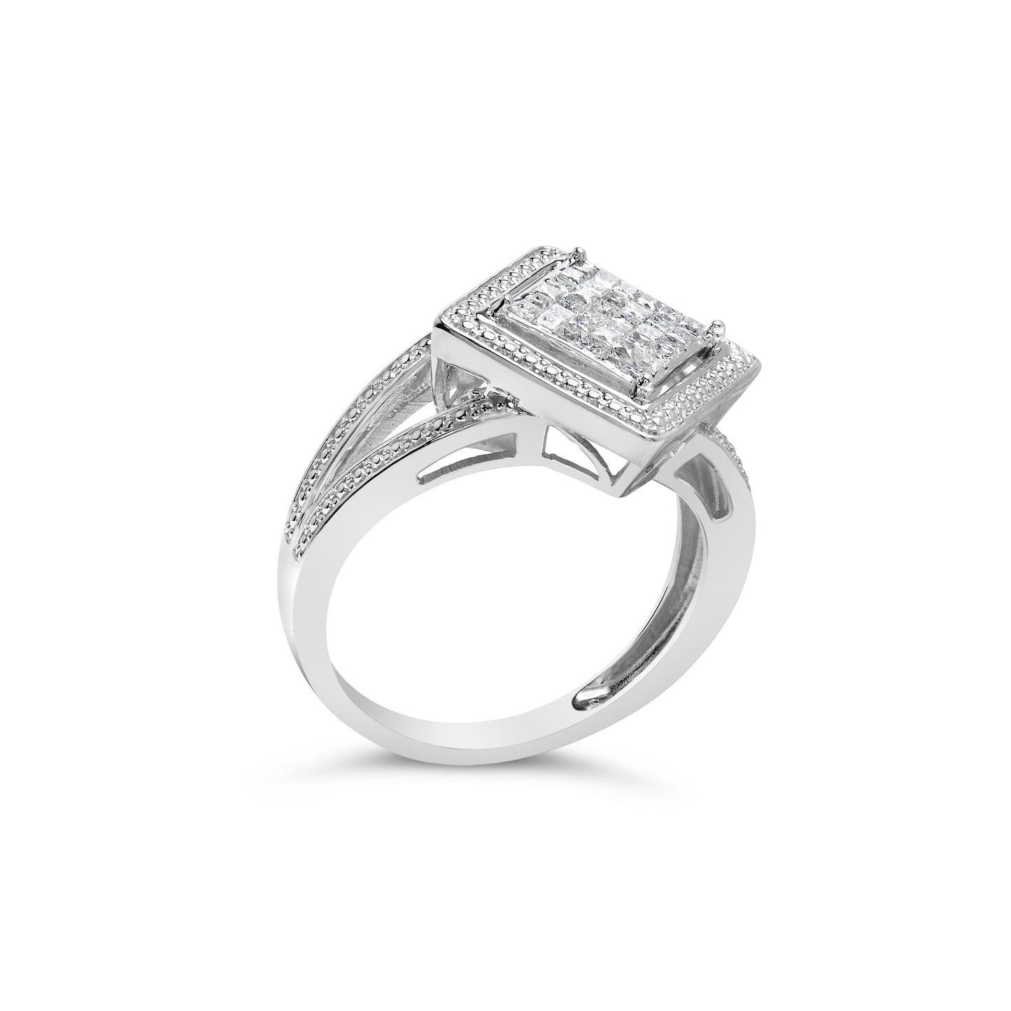 Anillo de plata de ley .925 con 1/3 Cttw de diamante de talla princesa en engaste invisible con rombo y halo de cuentas (color H-I, claridad SI1-SI2) - Talla de anillo 7