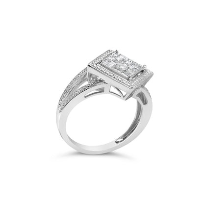 Anillo de plata de ley .925 con 1/3 Cttw de diamante de talla princesa en engaste invisible con rombo y halo de cuentas (color H-I, claridad SI1-SI2) - Talla de anillo 7