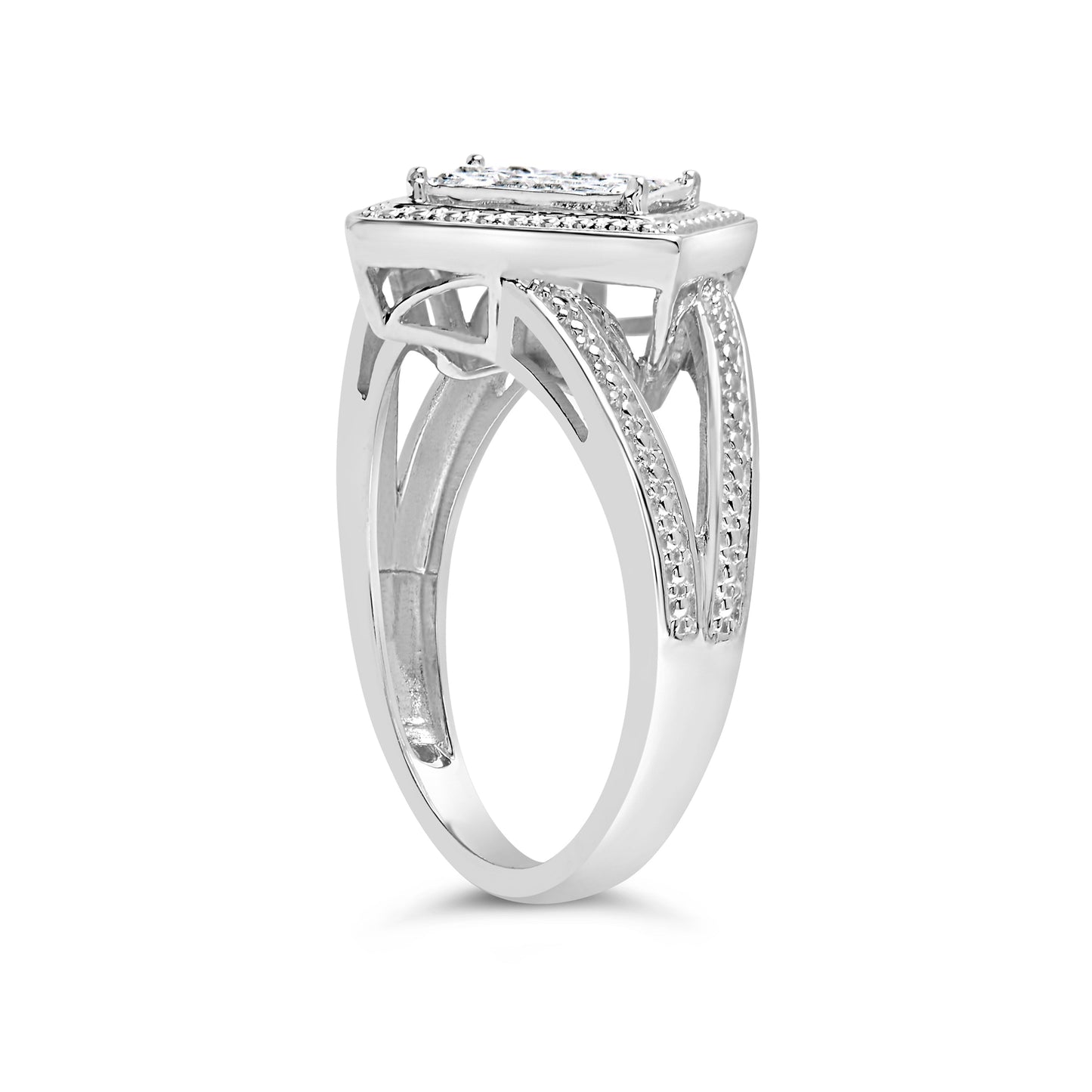 Anillo de plata de ley .925 con 1/3 Cttw de diamante de talla princesa en engaste invisible con rombo y halo de cuentas (color H-I, claridad SI1-SI2) - Talla de anillo 7