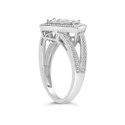 Anillo de plata de ley .925 con 1/3 Cttw de diamante de talla princesa en engaste invisible con rombo y halo de cuentas (color H-I, claridad SI1-SI2) - Talla de anillo 7