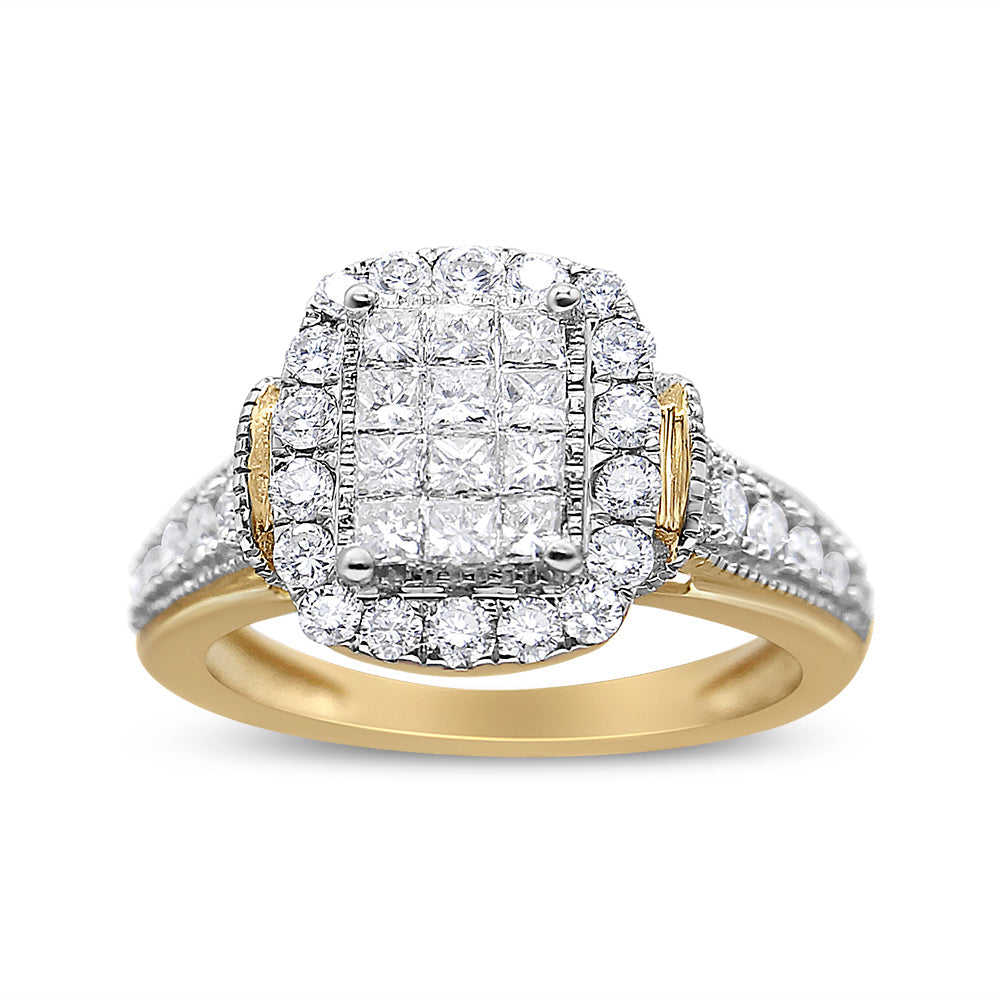 Anillo de oro amarillo y blanco de 14 K con 1,00 quilates en total de diamantes de talla princesa y redonda en forma de esmeralda, halo y racimo (claridad SI1-SI2, color H-I) - Talla 7