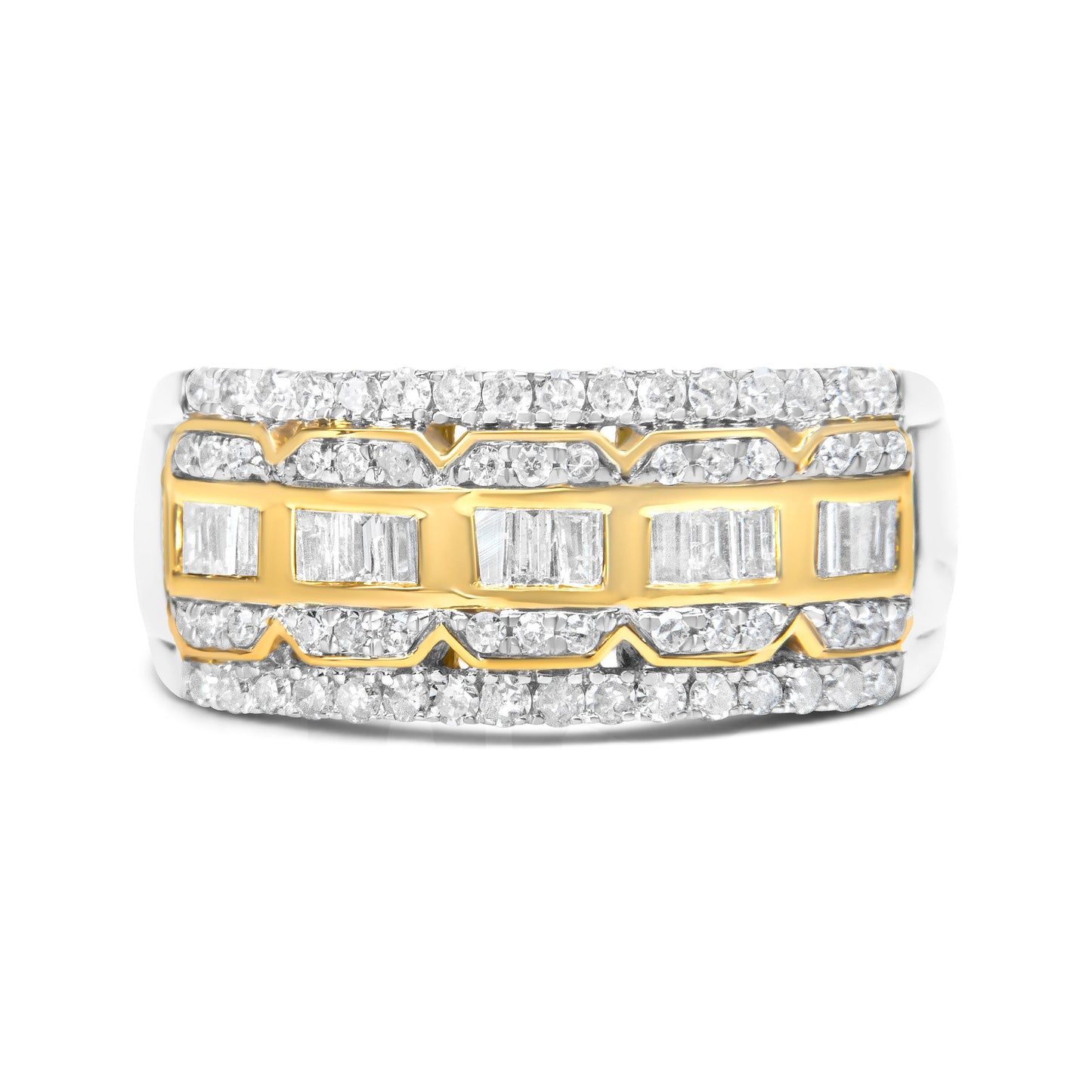 Anillo de oro blanco y amarillo de 10K con diamantes baguette y de talla redonda de 1,00 quilates, estilo Art Déco, multihilera (color I-J, claridad I1-I2) - Talla 7