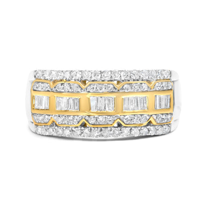 Anillo de oro blanco y amarillo de 10K con diamantes baguette y de talla redonda de 1,00 quilates, estilo Art Déco, multihilera (color I-J, claridad I1-I2) - Talla 7