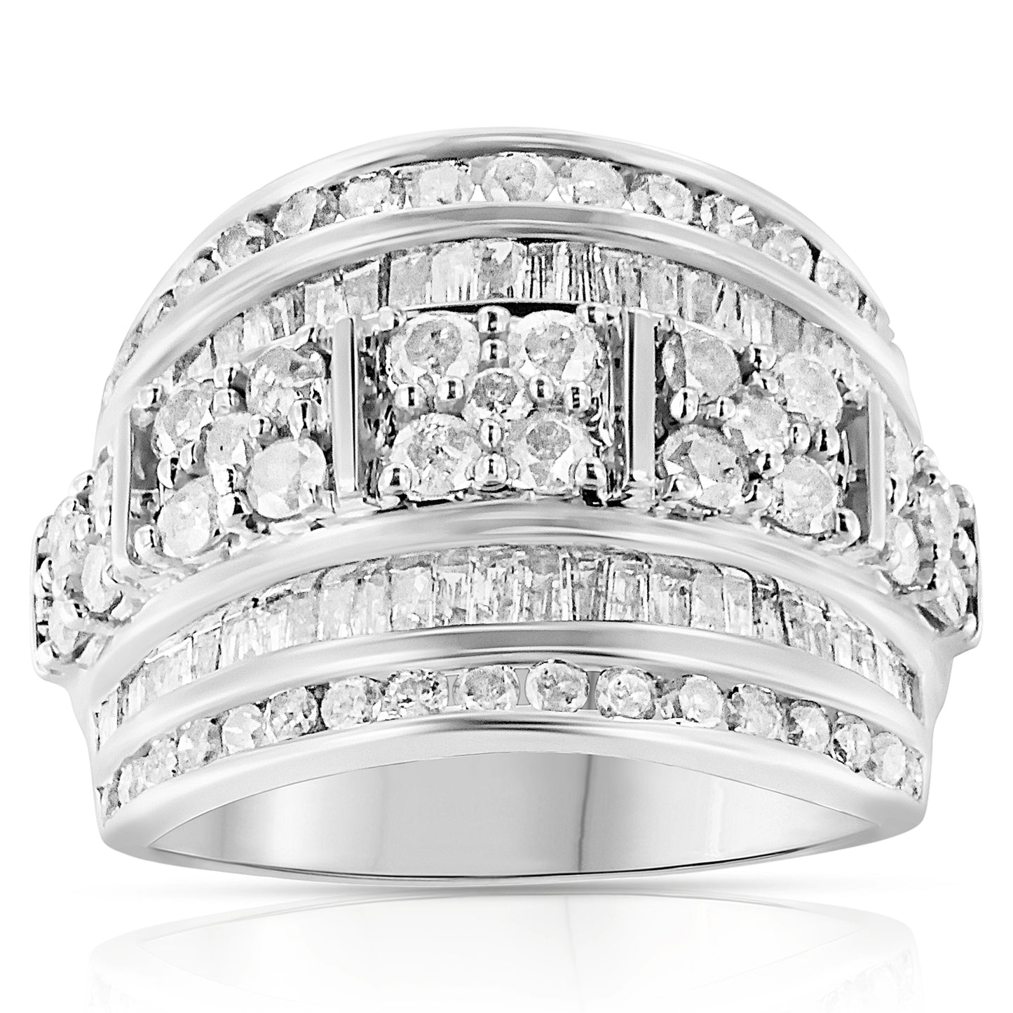 Anillo de plata de ley .925 con diamantes redondos y de talla baguette de 2.0 Cttw, engastados en canal en varias filas, diseño cónico, tipo cóctel (Color I-J, Claridad I3) - Talla 7
