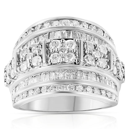 Anillo de plata de ley .925 con diamantes redondos y de talla baguette de 2.0 Cttw, engastados en canal en varias filas, diseño cónico, tipo cóctel (Color I-J, Claridad I3) - Talla 7