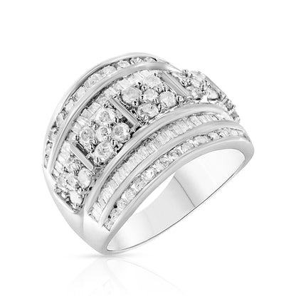 Anillo de plata de ley .925 con diamantes redondos y de talla baguette de 2.0 Cttw, engastados en canal en varias filas, diseño cónico, tipo cóctel (Color I-J, Claridad I3) - Talla 7