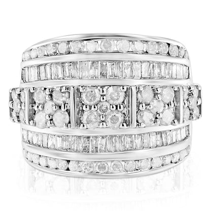 Anillo de plata de ley .925 con diamantes redondos y de talla baguette de 2.0 Cttw, engastados en canal en varias filas, diseño cónico, tipo cóctel (Color I-J, Claridad I3) - Talla 7