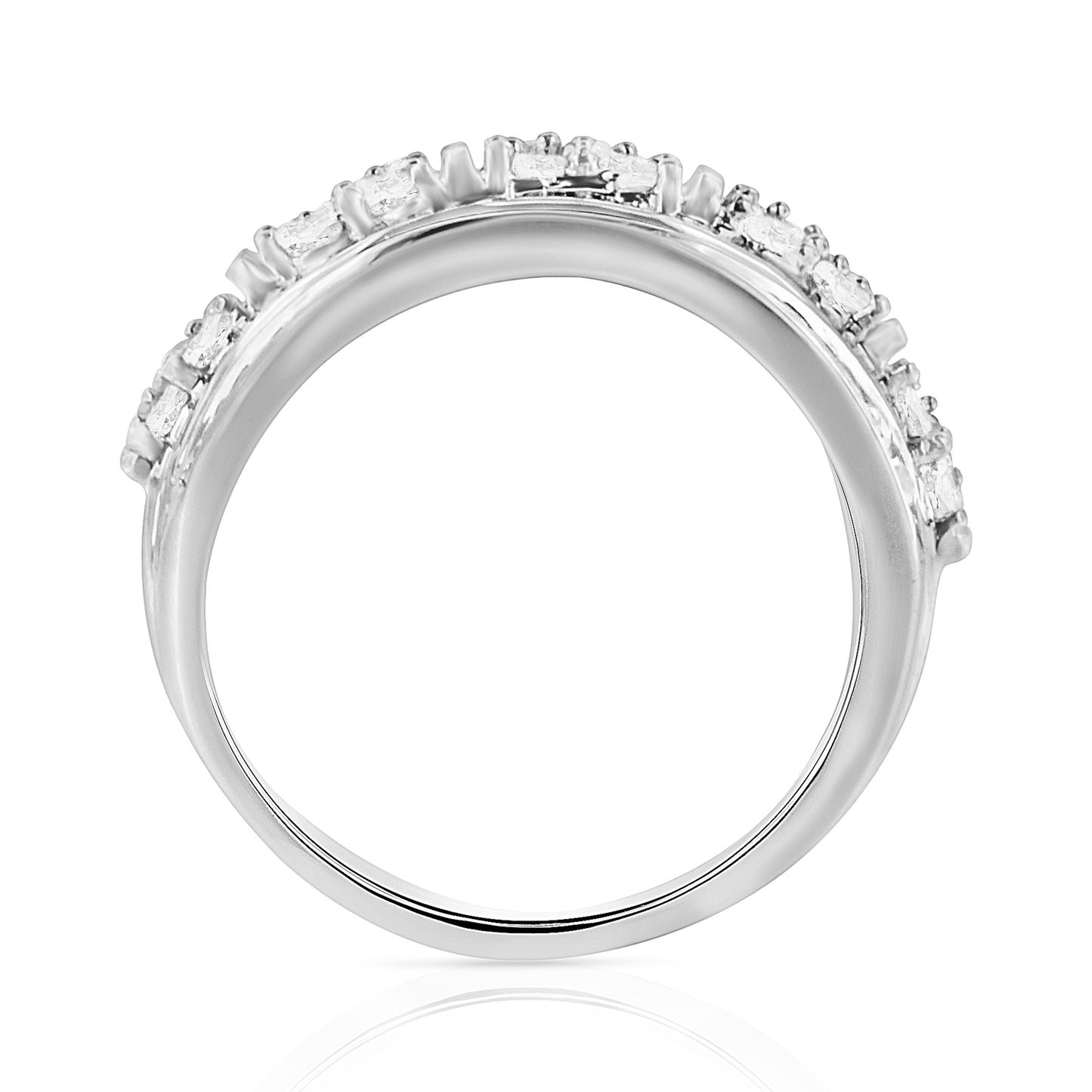 Anillo de plata de ley .925 con diamantes redondos y de talla baguette de 2.0 Cttw, engastados en canal en varias filas, diseño cónico, tipo cóctel (Color I-J, Claridad I3) - Talla 7