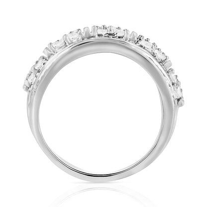Anillo de plata de ley .925 con diamantes redondos y de talla baguette de 2.0 Cttw, engastados en canal en varias filas, diseño cónico, tipo cóctel (Color I-J, Claridad I3) - Talla 7