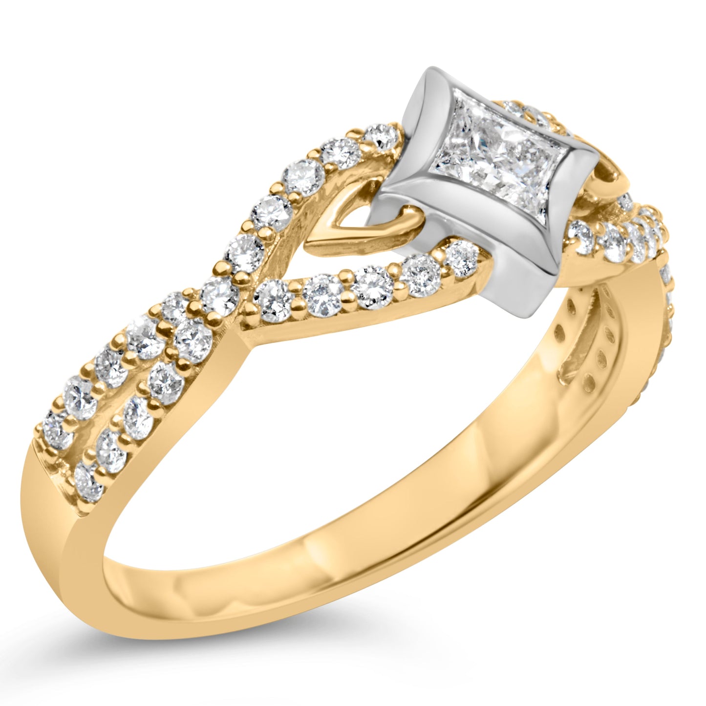 Anillo de oro de 10K bicolor con diamante de 2/3 Cttw, corte de cometa y banda retorcida (color H-I, claridad SI2-I1)
