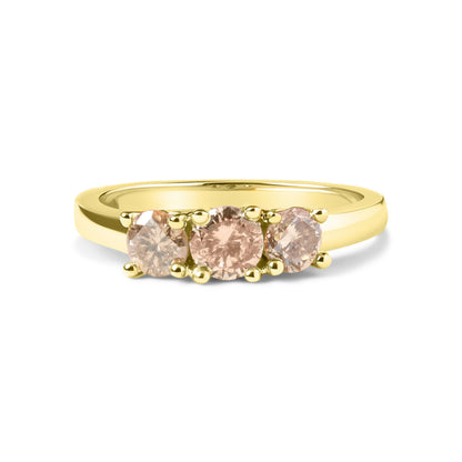 Anillo de banda de 3 piedras de oro amarillo de 10 quilates con diamantes color champán de 1,00 quilates en total (color J-K, claridad I1-I2) - Talla 7