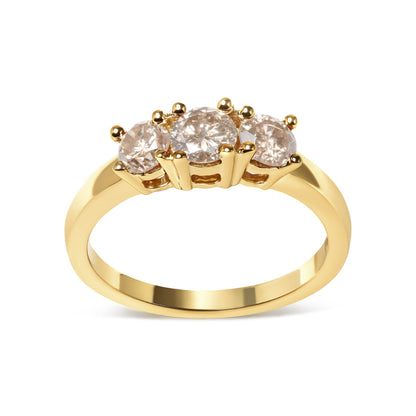 Anillo de banda de 3 piedras de oro amarillo de 10 quilates con diamantes color champán de 1,00 quilates en total (color J-K, claridad I1-I2) - Talla 7