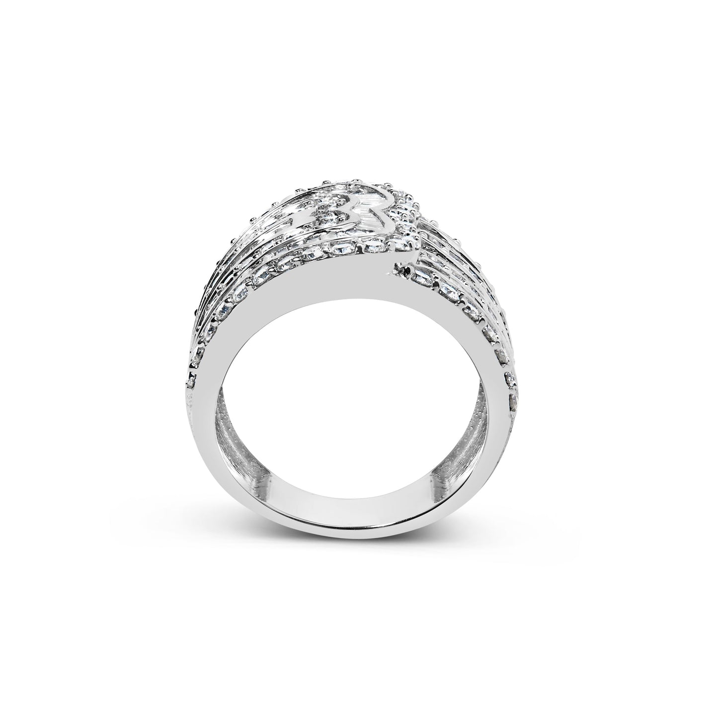 Anillo tipo bypass multihilera de oro blanco de 10K con diamantes redondos y de talla baguette de 2 1/2 ct. (color J-K, claridad I2-I3) - Talla de anillo 7