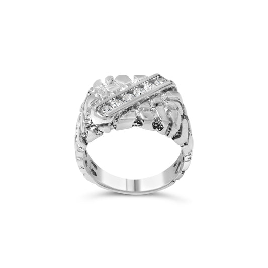 Anillo para hombre de plata de ley .925 con 1/3 de diamante, 6 piedras y forma de pepita rectangular - Talla 10