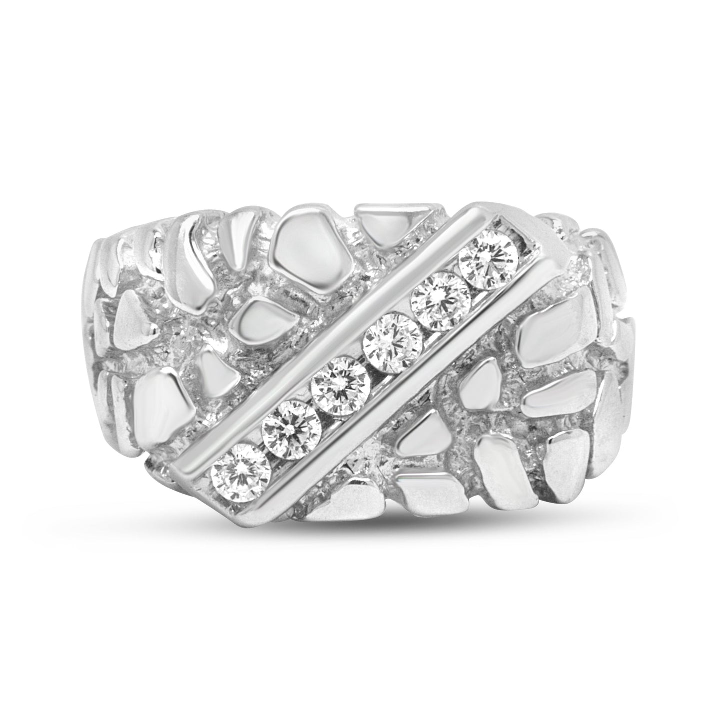 Anillo para hombre de plata de ley .925 con 1/3 de diamante, 6 piedras y forma de pepita rectangular - Talla 10