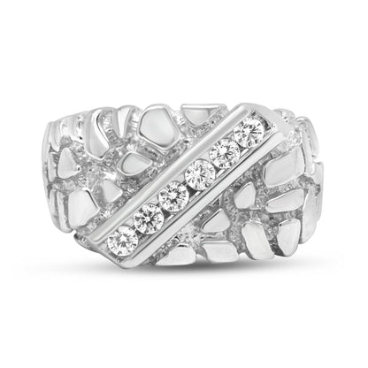 Anillo para hombre de plata de ley .925 con 1/3 de diamante, 6 piedras y forma de pepita rectangular - Talla 10
