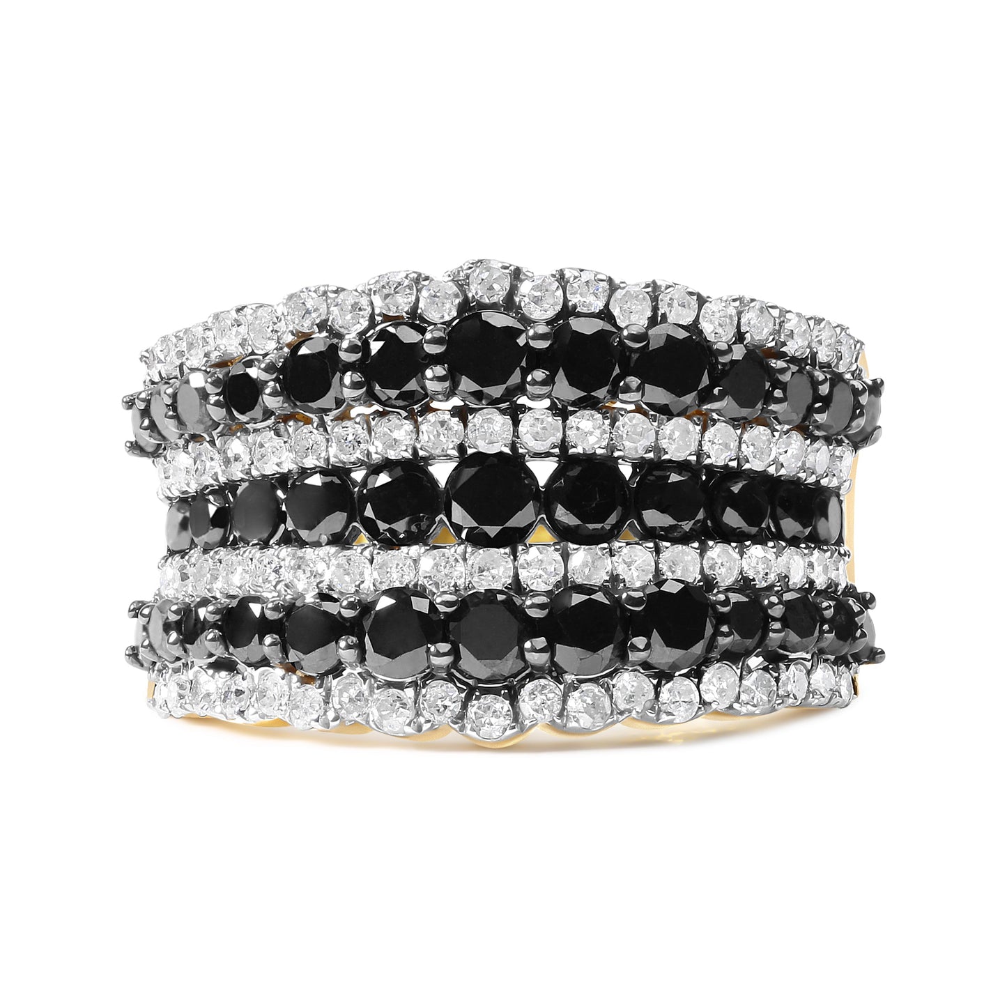 Anillo de banda de varias filas de diamantes negros y blancos alternados, con baño de oro amarillo de 14 quilates sobre plata de ley .925, de 1,75 quilates en total (color negro / I-J, claridad I2-I3) - Talla 7