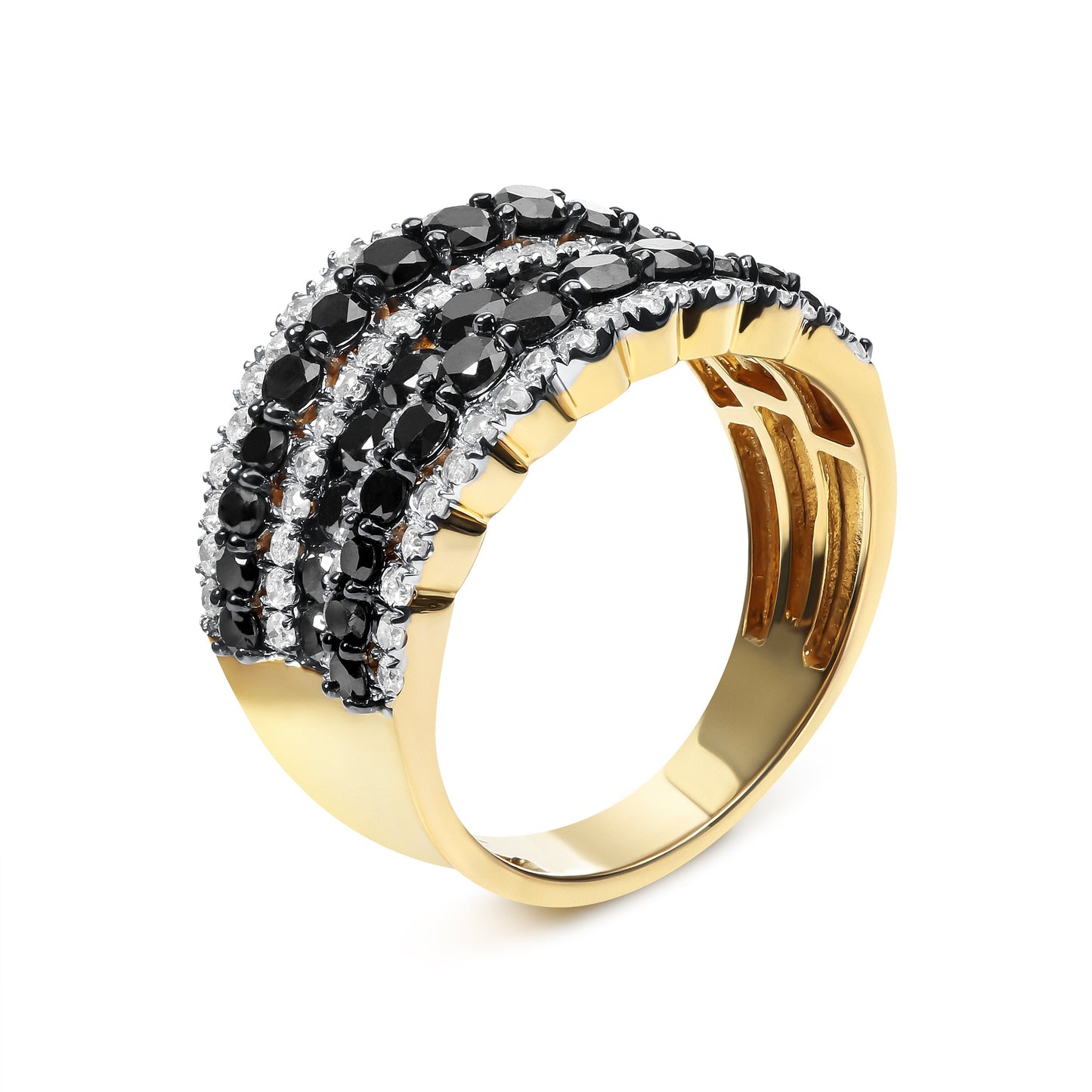 Anillo de banda de varias filas de diamantes negros y blancos alternados, con baño de oro amarillo de 14 quilates sobre plata de ley .925, de 1,75 quilates en total (color negro / I-J, claridad I2-I3) - Talla 7