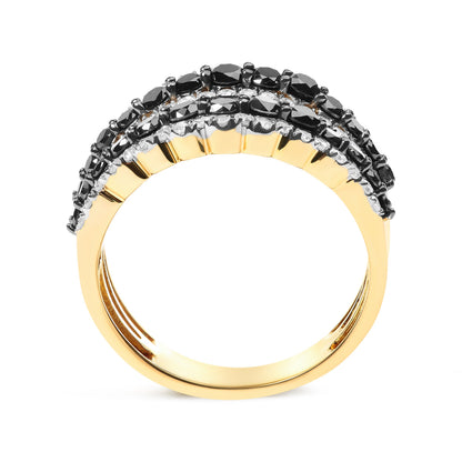 Anillo de banda de varias filas de diamantes negros y blancos alternados, con baño de oro amarillo de 14 quilates sobre plata de ley .925, de 1,75 quilates en total (color negro / I-J, claridad I2-I3) - Talla 7
