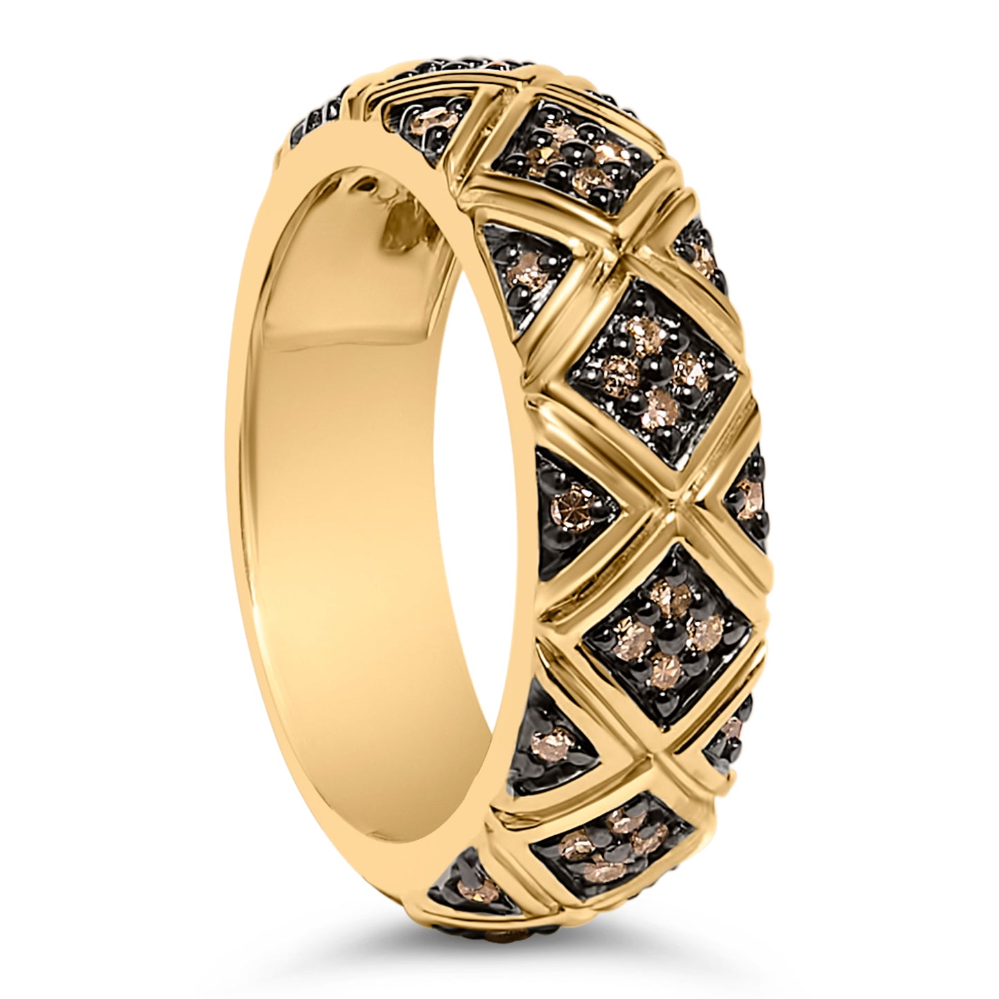 Anillo de banda de estilo geométrico con diamante champán de 3/8 Cttw en plata de ley .925 chapada en oro amarillo de 10K - Talla 7