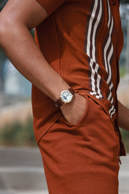 Men's 40mm Vintage White Dial Sun Moon Brown Leather Strap Watch