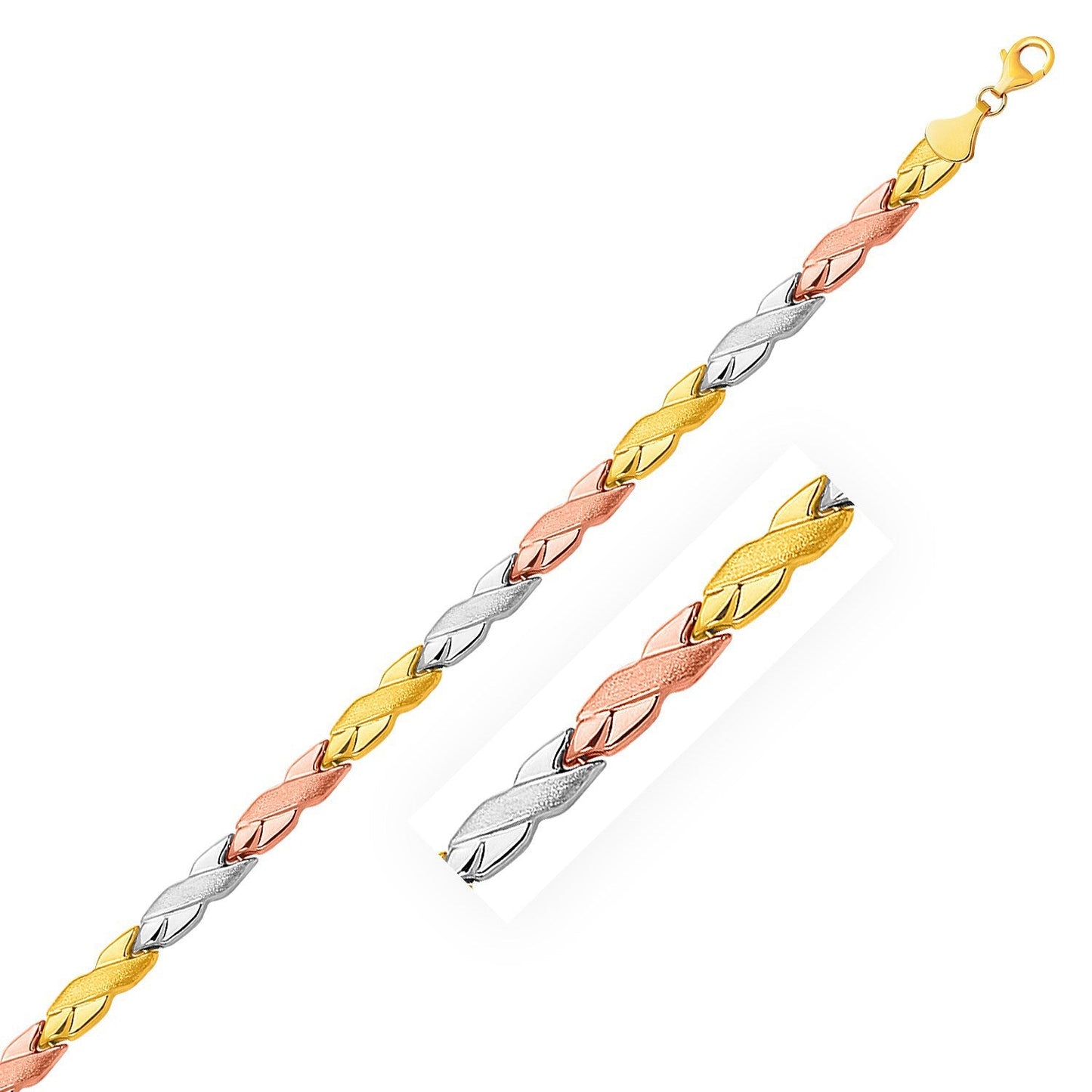 Pulsera de eslabones en forma de X texturizados y brillantes de oro tricolor de 14k