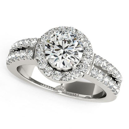 Anillo de compromiso con halo de diamantes en oro blanco de 14 quilates y banda de doble fila (1 3/8 quilates de peso total)