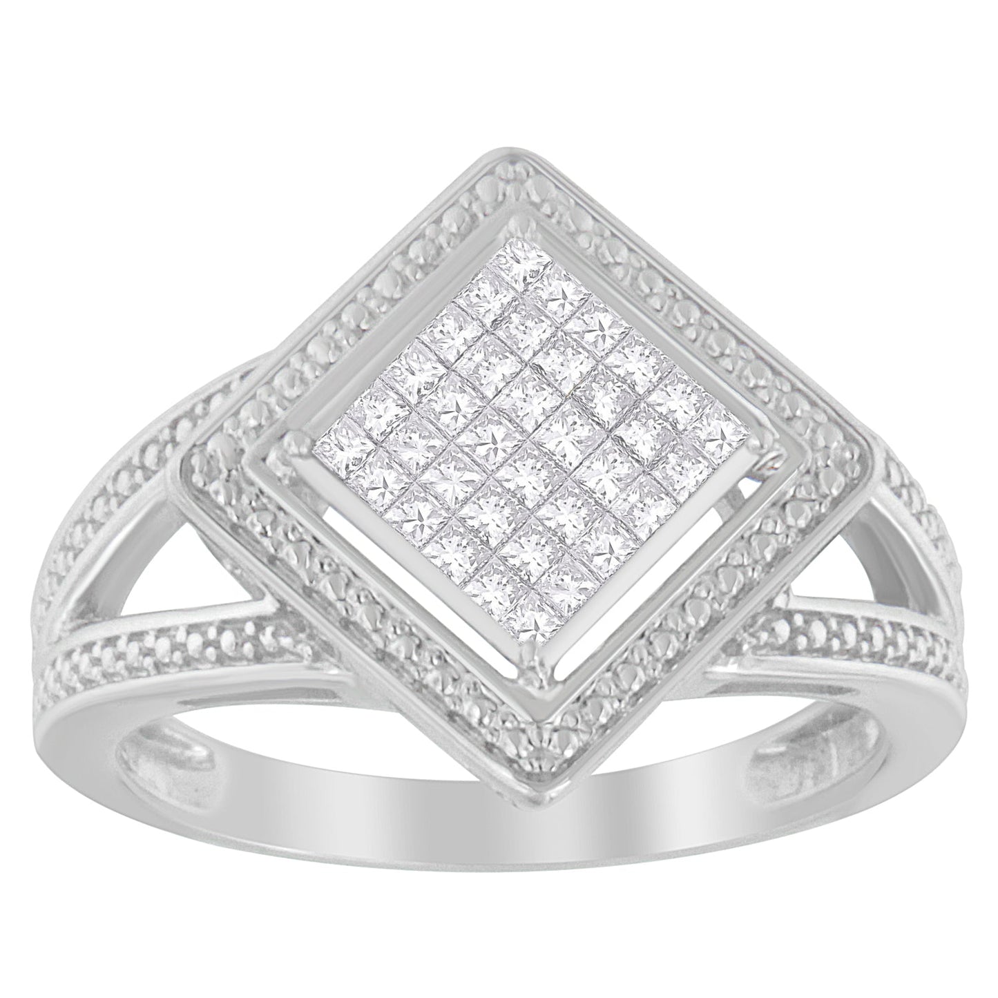 Anillo de plata de ley .925 con 1/3 Cttw de diamante de talla princesa en engaste invisible con rombo y halo de cuentas (color H-I, claridad SI1-SI2) - Talla de anillo 7