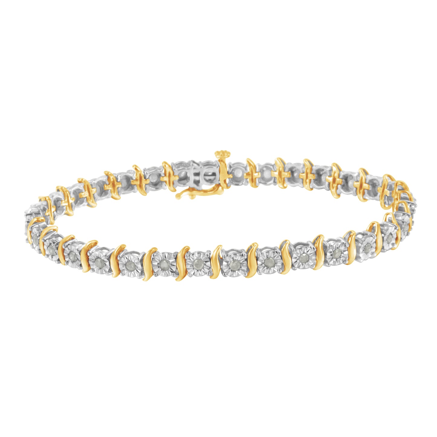 Pulsera de tenis con eslabones curvados en S con efecto milagroso de diamantes de 1,0 quilates (color I-J, claridad I3) en oro amarillo de 10 quilates y plata de ley .925 de dos tonos - 7"
