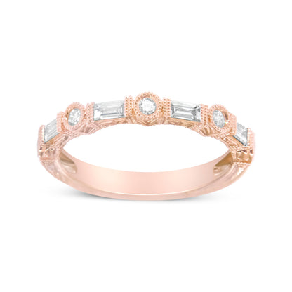 Anillo de boda de oro rosa de 14 quilates con diamantes baguette y redondos de 0.37 ct. (color H-I, claridad VS1-VS2) - Talla 6.75