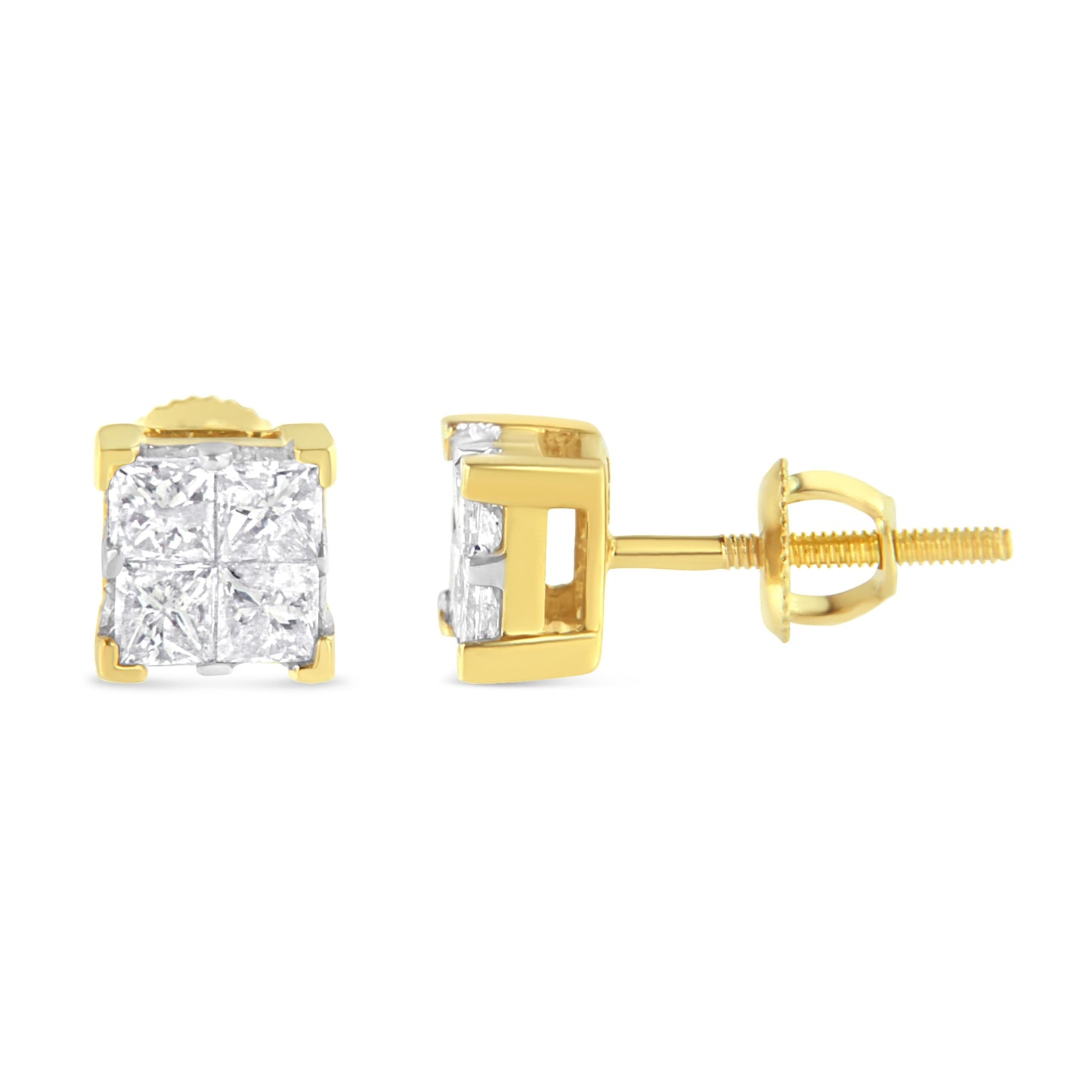 Pendientes de tuerca cuadrados con diamantes de talla princesa engastados invisibles de 3/4 Cttw en oro amarillo de 10K (color I-J, claridad I2-I3)