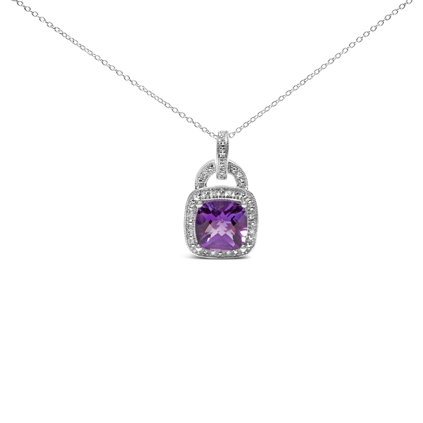 Collar con colgante de plata de ley .925 con amatista morada de talla cojín de 10 x 10 mm y halo con acento de diamante de 18" (color I-J, claridad I1-I2)